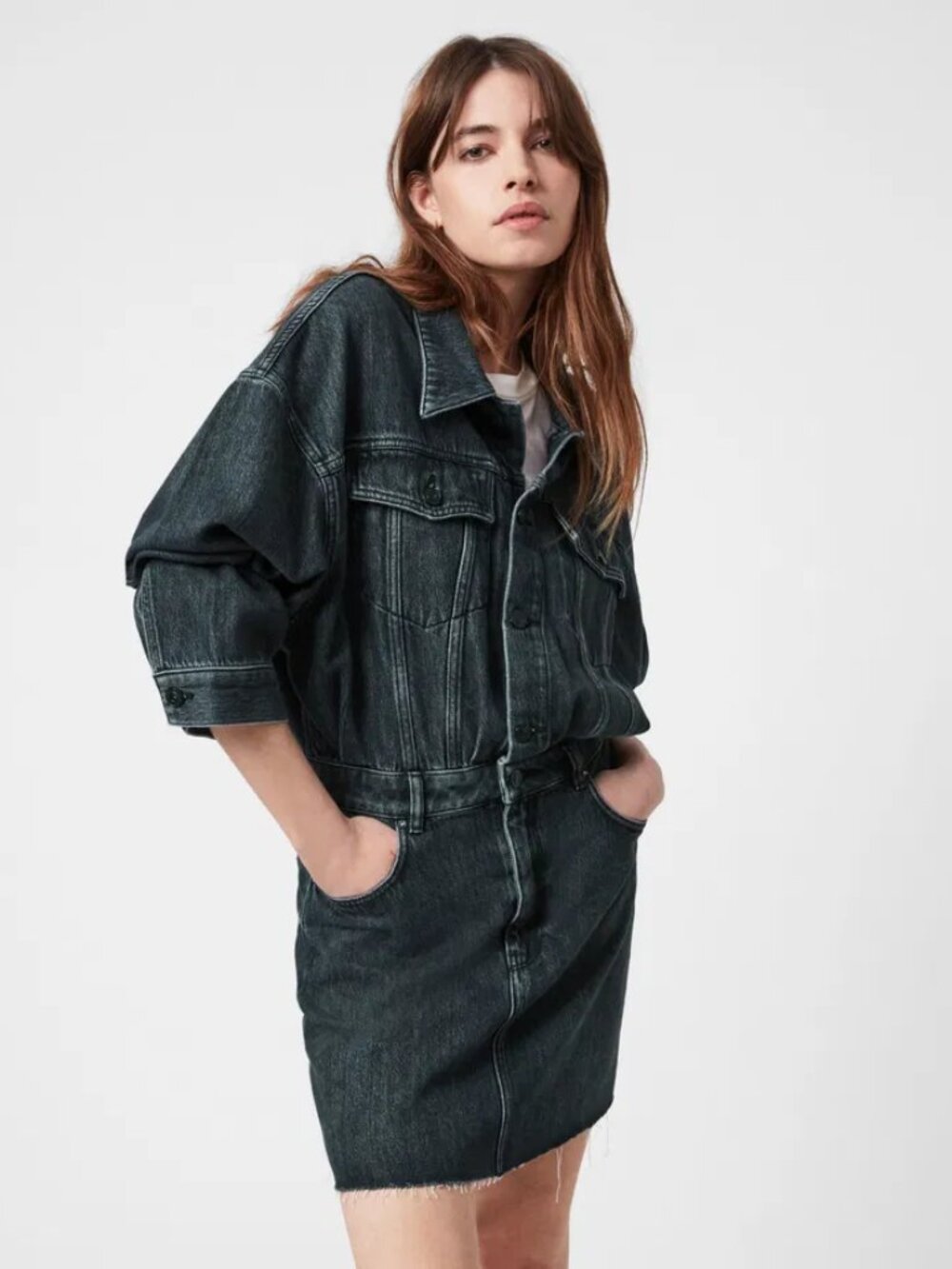 AllSaints Dakota Washed Black Denim Mini Jacket Dress Utility Fitted Skirt Sz 0